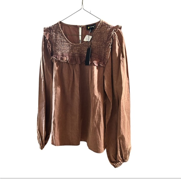 Heyson Brown Smocked Puff Sleeve Blouse with Bib Collar size small - Picture 2 of 4